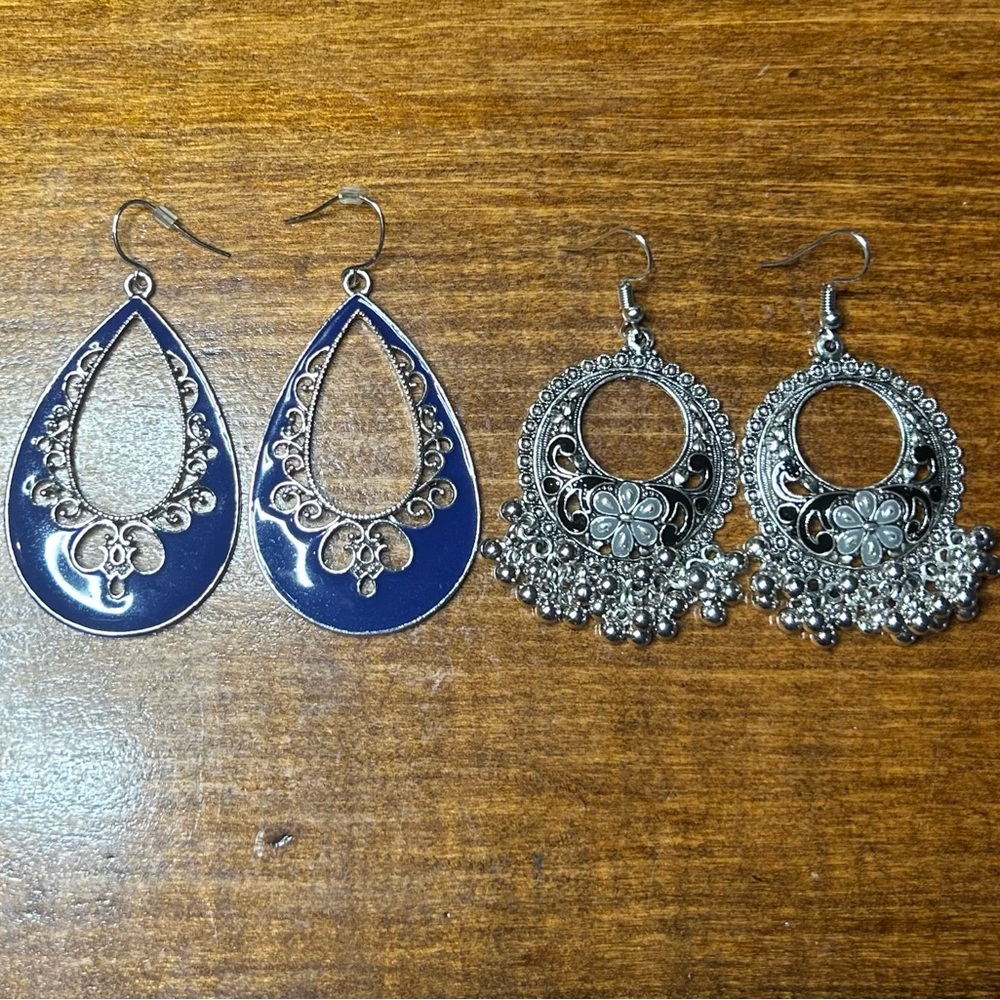 Silver-tone/Blue & Silver-tone/Black Earrings - 2 Pairs NWOT